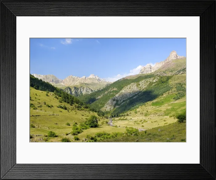 Framed Print : Rio Aragon Subordan and upper Hecho valley overlooked by karst limestone peaks and woods, Huesca, Aragon, Spain, Europe Framed Print : Rio Aragon Subordan and upper Hecho valley overlooked by karst limestone peaks and woods, Huesca, Aragon, Spain, Europe