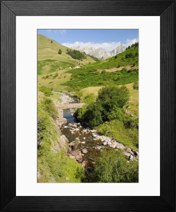 Framed Print : Bridge over Rio Aragon Subordan in the upper Hecho valley overlooked by karst limestone peaks and woods, Huesca, Aragon, Spain, Europe Framed Print : Bridge over Rio Aragon Subordan in the upper Hecho valley overlooked by karst limestone peaks and woods, Huesca, Aragon, Spain, Europe