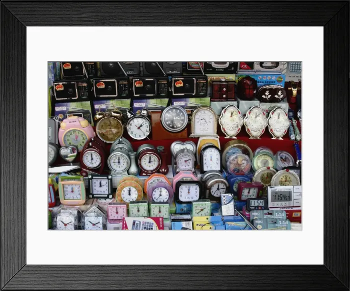 Framed Print : Alarm clocks of all different designs on market stall, Aluthgama, Sri Lanka, Asia Framed Print : Alarm clocks of all different designs on market stall, Aluthgama, Sri Lanka, Asia