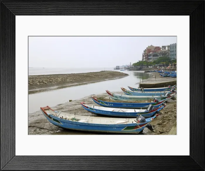 Framed Print : Sampan style fishing boats moored on the shoreline of the Tamsui River estuary at low tide, Tamsui (Danshui), Taiwan, Asia Framed Print : Sampan style fishing boats moored on the shoreline of the Tamsui River estuary at low tide, Tamsui (Danshui), Taiwan, Asia