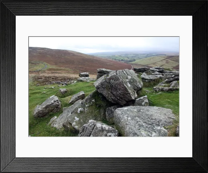 Framed Print : Rocks at the summit of Hookney Tor, looking down the Challacombe valley, Dartmoor, Devon, England, United Kingdom, Europe Framed Print : Rocks at the summit of Hookney Tor, looking down the Challacombe valley, Dartmoor, Devon, England, United Kingdom, Europe