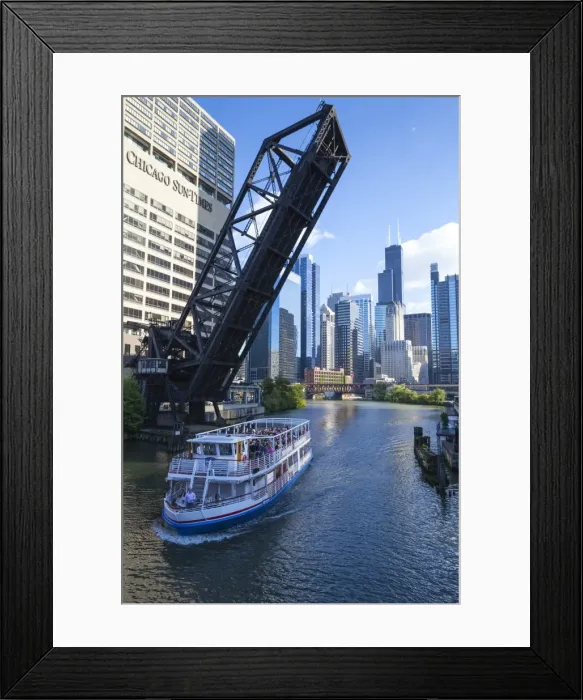 Framed Print : Tour boat passing under a raised disused railway bridge on the Chicago River, Downtown towers in the background, Chicago, Illinois, United States of America, North America Framed Print : Tour boat passing under a raised disused railway bridge on the Chicago River, Downtown towers in the background, Chicago, Illinois, United States of America, North America