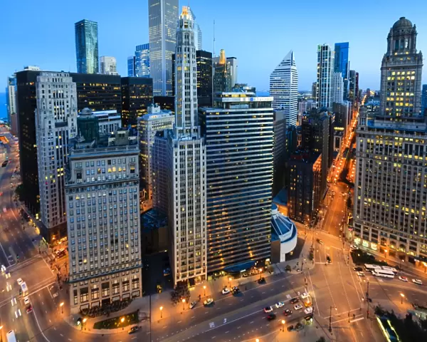 Cityscape at dusk, high angle view of the Loop district, Chicago, Illinois, United States of America, North America