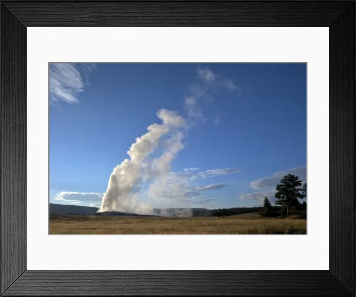 Framed Print : Old Faithful Geyser erupting in summer evening light, Yellowstone National Park, UNESCO World Heritage Site, Wyoming, United States of America, North America