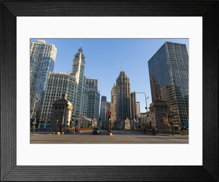 Framed Print : DuSable Bridge looking up North Michigan Avenue, the Wrigley Building left centre and Tribune Tower right centre, Chicago, Illinois, United States of America, North America Framed Print : DuSable Bridge looking up North Michigan Avenue, the Wrigley Building left centre and Tribune Tower right centre, Chicago, Illinois, United States of America, North America