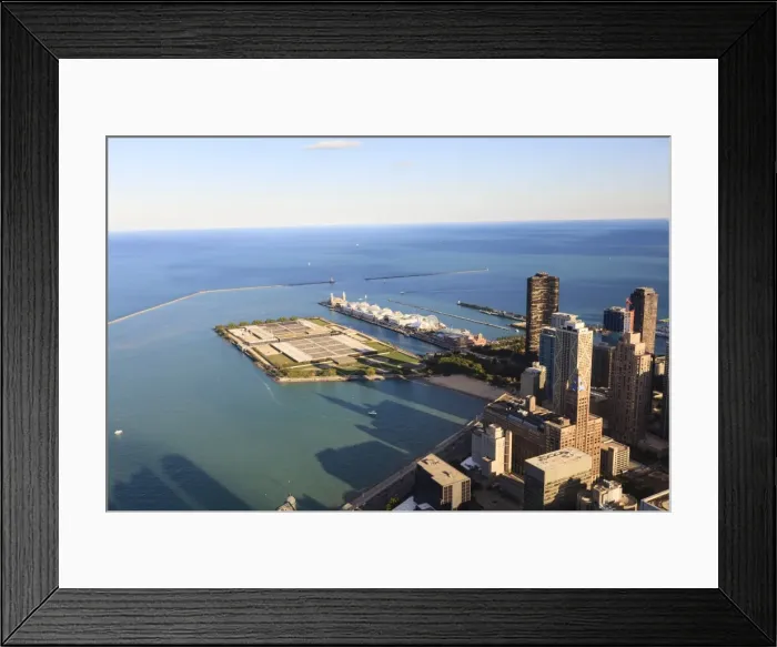 Framed Print : High angle view of Lake Michigan from the Hancock Center, Navy Pier and Milton Lee Olive Park in the centre, Chicago, Illinois, United States of America, North America Framed Print : High angle view of Lake Michigan from the Hancock Center, Navy Pier and Milton Lee Olive Park in the centre, Chicago, Illinois, United States of America, North America