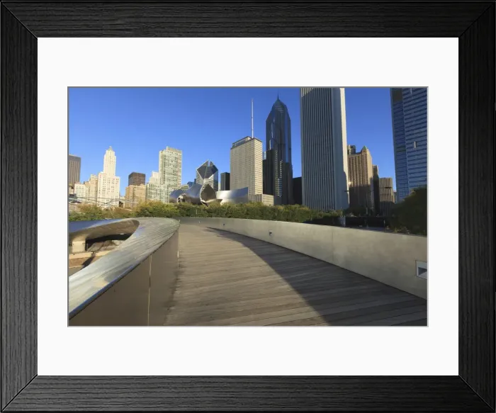 Framed Print : Cityscape from the BP Pedestrian Bridge designed by Frank Gehry which links Grant Park and Millennium Park, Chicago, Illinois, United States of America, North America Framed Print : Cityscape from the BP Pedestrian Bridge designed by Frank Gehry which links Grant Park and Millennium Park, Chicago, Illinois, United States of America, North America
