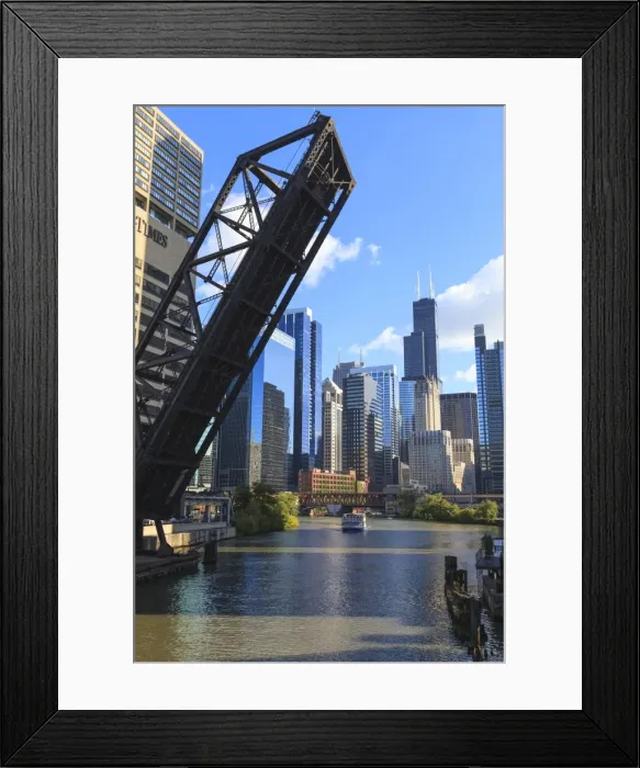 Framed Print : Chicago River and Downtown towers, Willis Tower, formerly the Sears Tower in the background, a raised disused railway bridge in the foreground, Chicago, Illinois, United States of America, North America Framed Print : Chicago River and Downtown towers, Willis Tower, formerly the Sears Tower in the background, a raised disused railway bridge in the foreground, Chicago, Illinois, United States of America, North America