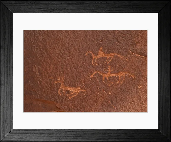 Framed Print : Petroglyphs of riders on horseback hunting an antelope, Canyon de Chelly National Monument, Arizona, United States of America, North America Framed Print : Petroglyphs of riders on horseback hunting an antelope, Canyon de Chelly National Monument, Arizona, United States of America, North America