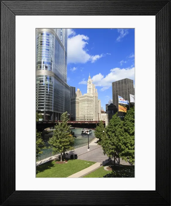 Framed Print : Chicago River Walk and towers including Trump Tower and the Wrigley Building, Chicago, Illinois, United States of America, North America Framed Print : Chicago River Walk and towers including Trump Tower and the Wrigley Building, Chicago, Illinois, United States of America, North America