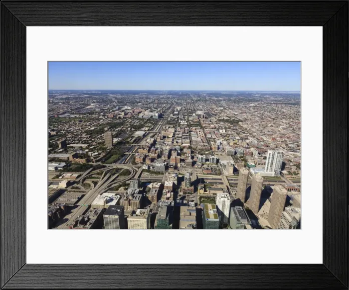 Framed Print : High angle view looking west to suburbs, Chicago, Illinois, United States of America, North America Framed Print : High angle view looking west to suburbs, Chicago, Illinois, United States of America, North America