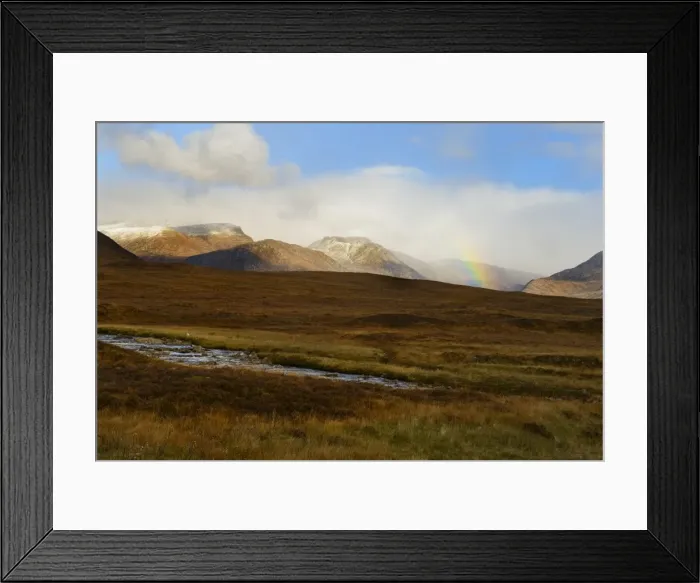Framed Print : Rainbow over snow capped mountains, Highlands, Scotland, United Kingdom, Europe Framed Print : Rainbow over snow capped mountains, Highlands, Scotland, United Kingdom, Europe