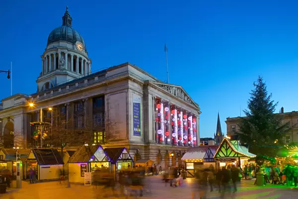 Council House and Christmas Market, Market Square, Nottingham, Nottinghamshire, England, United Kingdom, Europe