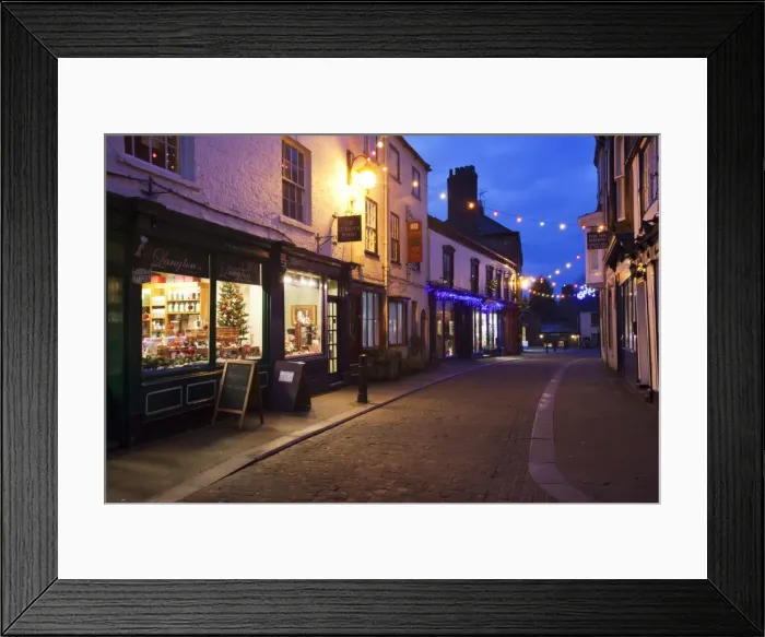 Framed Print : Independent shops and Christmas lights on Kirkgate, Ripon, North Yorkshire, Yorkshire, England, United Kingdom, Europe Framed Print : Independent shops and Christmas lights on Kirkgate, Ripon, North Yorkshire, Yorkshire, England, United Kingdom, Europe