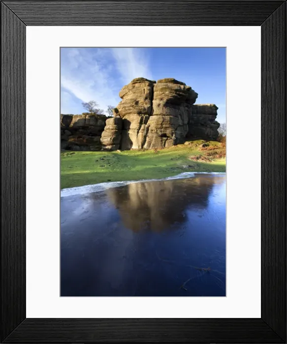 Framed Print : Gritstone formations at Brimham Rocks reflected in frozen flood water, Summerbridge, North Yorkshire, Yorkshire, England, United Kingdom, Europe Framed Print : Gritstone formations at Brimham Rocks reflected in frozen flood water, Summerbridge, North Yorkshire, Yorkshire, England, United Kingdom, Europe