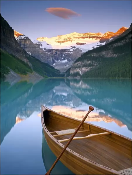 Canoe on Lake Louise at Sunrise, Lake Louise, Banff National Park, Alberta, Canada
