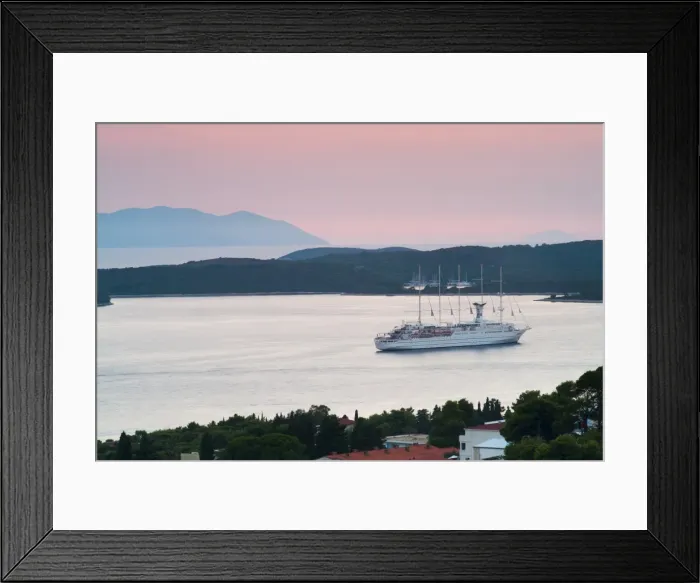 Framed Print : Mediterranean cruise ship at sunset, Hvar Town, Hvar Island, Dalmatian Coast, Adriatic, Croatia, Europe Framed Print : Mediterranean cruise ship at sunset, Hvar Town, Hvar Island, Dalmatian Coast, Adriatic, Croatia, Europe