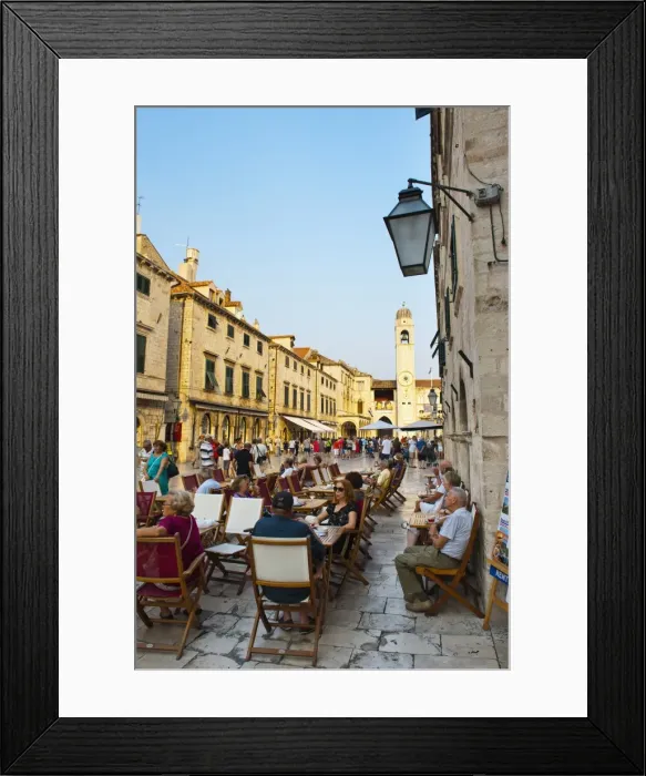 Framed Print : Stradun, the famous street in Dubrovnik, tourists in a cafe by the City Bell Tower, Old Town, UNESCO World Heritage Site, Dubrovnik, Dalmatia, Croatia, Europe Framed Print : Stradun, the famous street in Dubrovnik, tourists in a cafe by the City Bell Tower, Old Town, UNESCO World Heritage Site, Dubrovnik, Dalmatia, Croatia, Europe