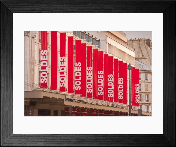 Framed Print : Sale sign banners in central Paris, France, Europe Framed Print : Sale sign banners in central Paris, France, Europe