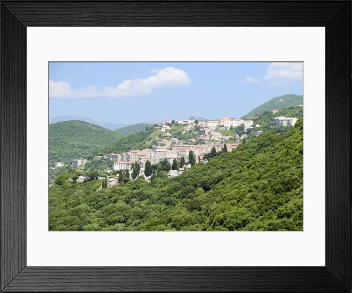 Framed Print : View of Sartene town in wooded mountainous setting, Corsica, France, Europe Framed Print : View of Sartene town in wooded mountainous setting, Corsica, France, Europe