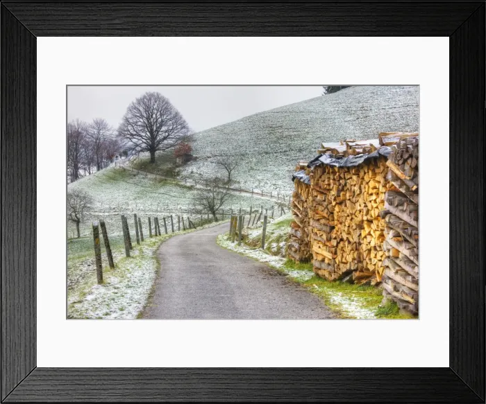 Framed Print : Winding road and wood pile near St. Trudpert Monastery, Munstertal, Black Forest, Baden-Wurttemberg, Germany, Europe Framed Print : Winding road and wood pile near St. Trudpert Monastery, Munstertal, Black Forest, Baden-Wurttemberg, Germany, Europe