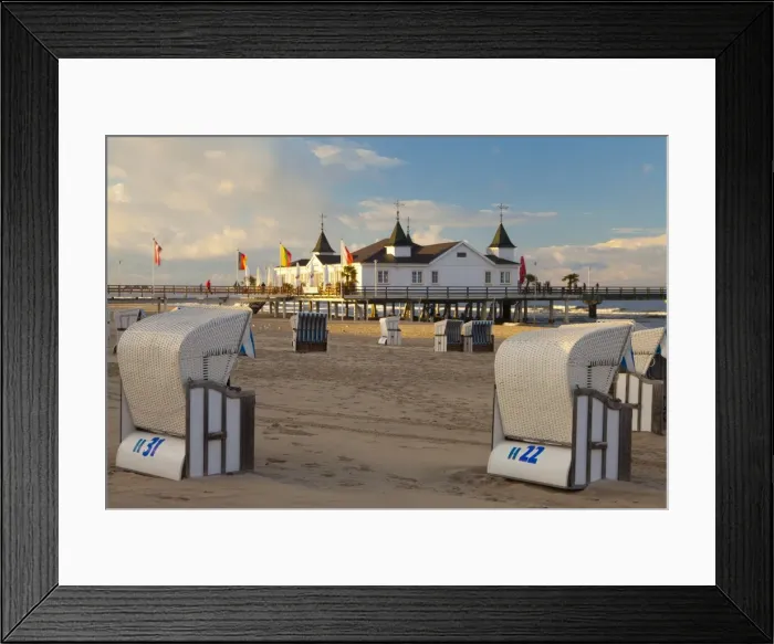 Framed Print : Beach chairs and the historic Pier in Ahlbeck on the Island of Usedom, Baltic Coast, Mecklenburg-Vorpommern, Germany, Europe Framed Print : Beach chairs and the historic Pier in Ahlbeck on the Island of Usedom, Baltic Coast, Mecklenburg-Vorpommern, Germany, Europe