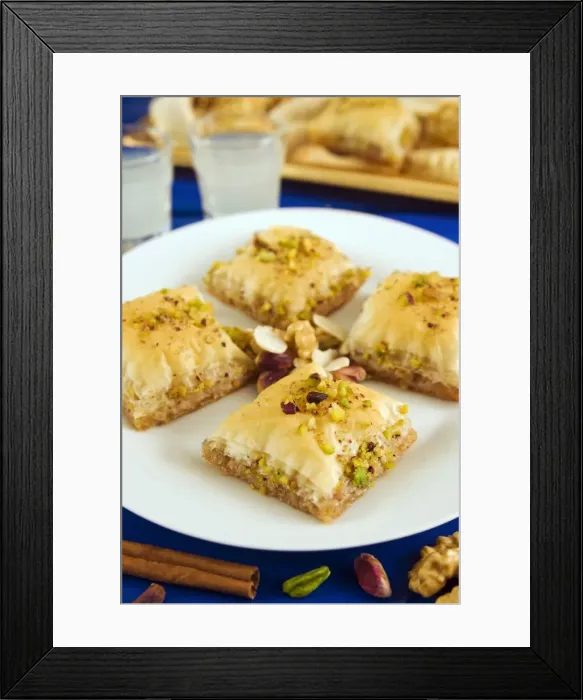 Framed Print : Baklava, filo pastry with honey and pistachios, Greece, Europe Framed Print : Baklava, filo pastry with honey and pistachios, Greece, Europe
