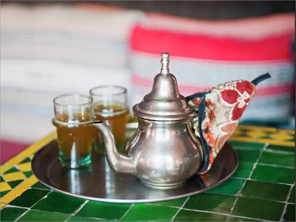 Moroccan mint tea pot at a cafe in Marrakech, Morocco, North Africa, Africa