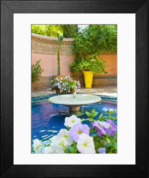 Framed Print : Fountain and flowers in the Majorelle Gardens (Gardens of Yves Saint-Laurent), Marrakech, Morocco, North Africa, Africa Framed Print : Fountain and flowers in the Majorelle Gardens (Gardens of Yves Saint-Laurent), Marrakech, Morocco, North Africa, Africa