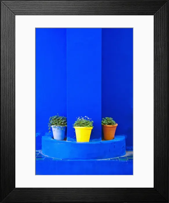 Framed Print : Potted plants and bright blue paintwork, Majorelle Gardens (Gardens of Yves Saint-Laurent), Marrakech, Morocco, North Africa, Africa Framed Print : Potted plants and bright blue paintwork, Majorelle Gardens (Gardens of Yves Saint-Laurent), Marrakech, Morocco, North Africa, Africa