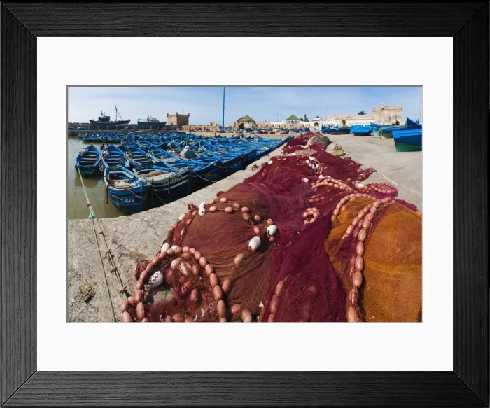 Framed Print : Fishing nets and blue fishing boats in Essaouira Port, formerly Mogador, Morocco, North Africa, Africa