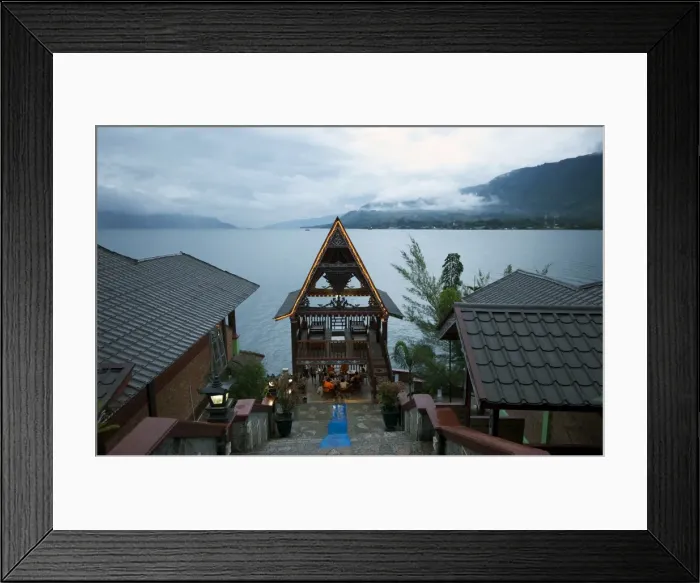 Framed Print : Evening view across Lake Toba from Batak Toba style hotel on Samosir Island, Lake Toba, Sumatra, Indonesia, Southeast Asia, Asia Framed Print : Evening view across Lake Toba from Batak Toba style hotel on Samosir Island, Lake Toba, Sumatra, Indonesia, Southeast Asia, Asia