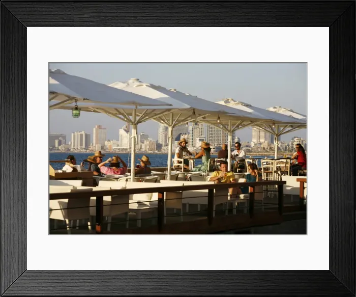 Framed Print : People sitting at Casita Bar and Restaurant in Old Jaffa with a view over the sea and Tel Aviv, Israel, Middle East Framed Print : People sitting at Casita Bar and Restaurant in Old Jaffa with a view over the sea and Tel Aviv, Israel, Middle East