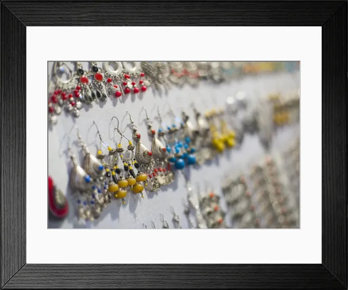 Framed Print : Earrings for sale in Place Djemaa El Fna Square, Marrakech, Morocco, North Africa, Africa Framed Print : Earrings for sale in Place Djemaa El Fna Square, Marrakech, Morocco, North Africa, Africa