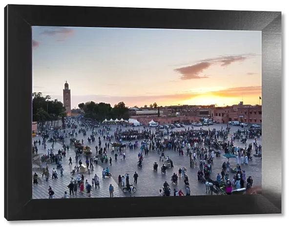 Place Djemaa El Fna and Koutoubia Mosque at sunset, Marrakech, Morocco, North Africa, Africa