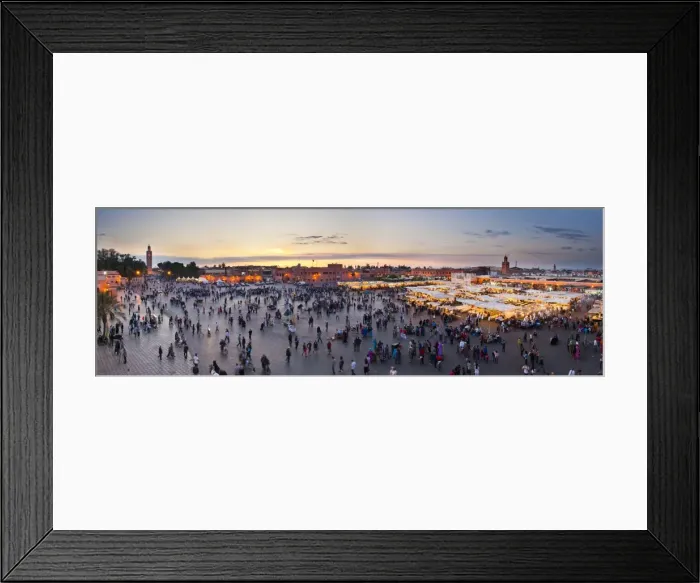 Framed Print : Food stalls, people and Koutoubia Mosque at sunset, Place Djemaa el Fna, Marrakech, Morocco, North Africa, Africa Framed Print : Food stalls, people and Koutoubia Mosque at sunset, Place Djemaa el Fna, Marrakech, Morocco, North Africa, Africa