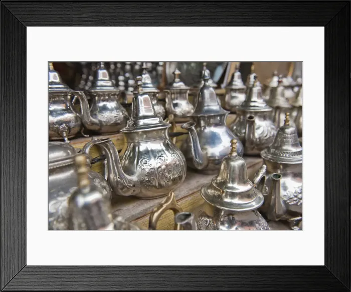 Framed Print : Traditional metal Moroccan mint tea pots for sale in the souks in the old Medina, Marrakech, Morocco, North Africa, Africa Framed Print : Traditional metal Moroccan mint tea pots for sale in the souks in the old Medina, Marrakech, Morocco, North Africa, Africa