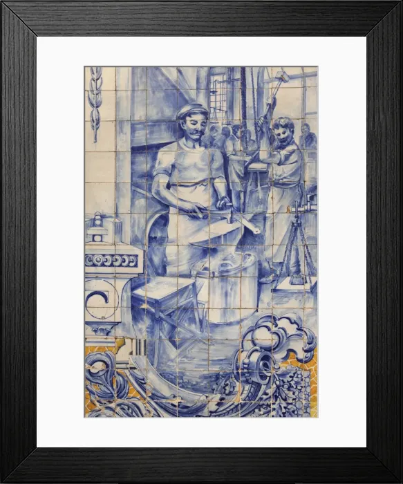 Framed Print : A blacksmiths workshop depicted on traditional Portuguese Azulejo tiles on a building in Alfama, Lisbon, Portugal, Europe
