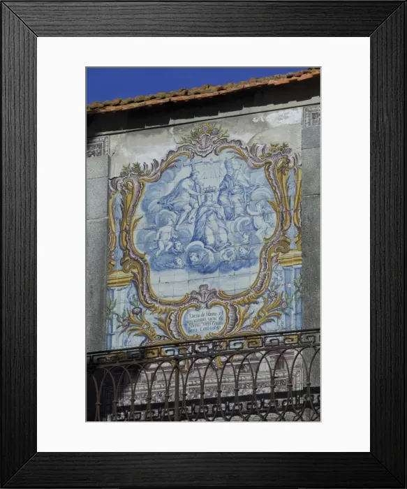 Framed Print : A beautiful blue and white tiled azuleju tableau with elaborate gold tiled frame preserved in an old wall in the City of Oporto, Portugal, Europe Framed Print : A beautiful blue and white tiled azuleju tableau with elaborate gold tiled frame preserved in an old wall in the City of Oporto, Portugal, Europe