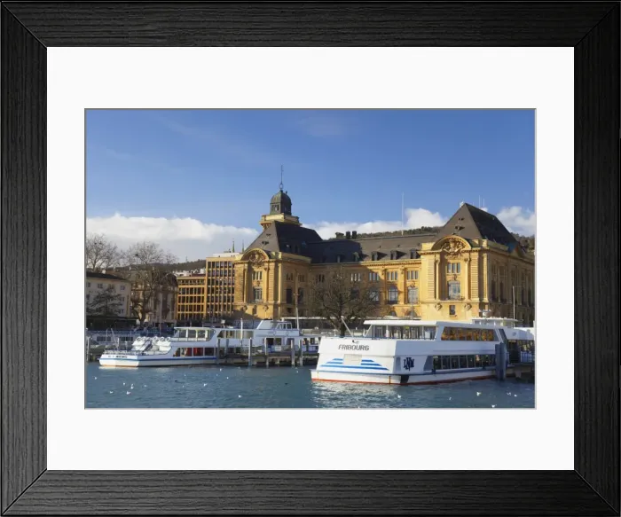 Framed Print : Harbour and post office, Neuchatel, Switzerland, Europe Framed Print : Harbour and post office, Neuchatel, Switzerland, Europe