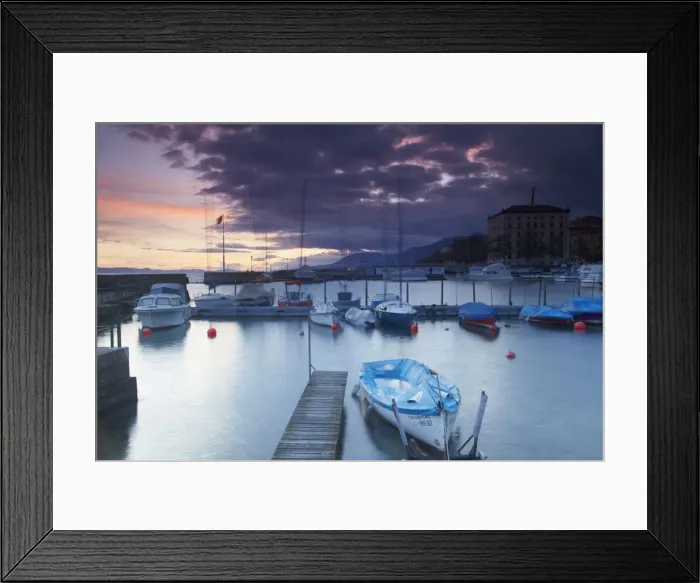 Framed Print : Harbour at sunset, Neuchatel, Switzerland, Europe Framed Print : Harbour at sunset, Neuchatel, Switzerland, Europe