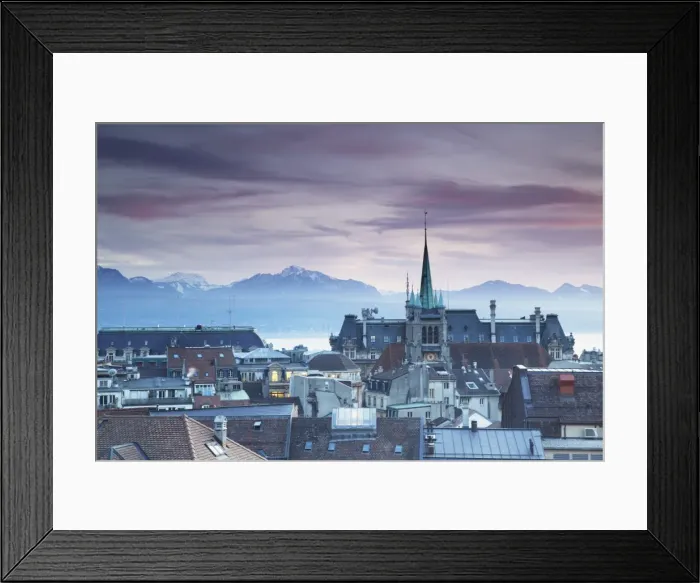 Framed Print : St. Francois Church and city skyline at dusk, Lausanne, Vaud, Switzerland, Europe Framed Print : St. Francois Church and city skyline at dusk, Lausanne, Vaud, Switzerland, Europe