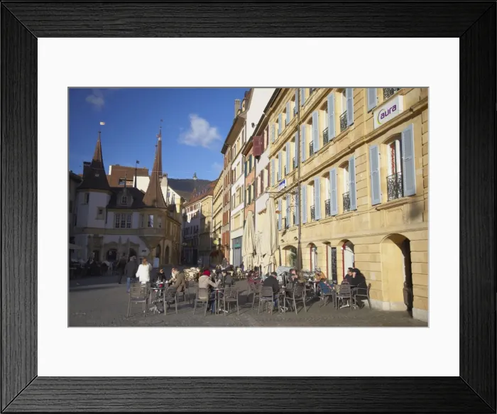 Framed Print : People at outdooor cafes, Neuchatel, Switzerland, Europe Framed Print : People at outdooor cafes, Neuchatel, Switzerland, Europe