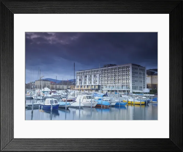 Framed Print : Harbour at dusk, Neuchatel, Switzerland, Europe Framed Print : Harbour at dusk, Neuchatel, Switzerland, Europe