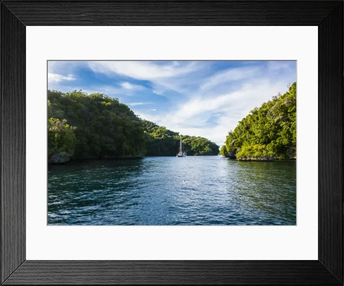 Framed Print : Sailing boat leaving the habour of Koror, Rock islands, Palau, Central Pacific, Pacific Framed Print : Sailing boat leaving the habour of Koror, Rock islands, Palau, Central Pacific, Pacific