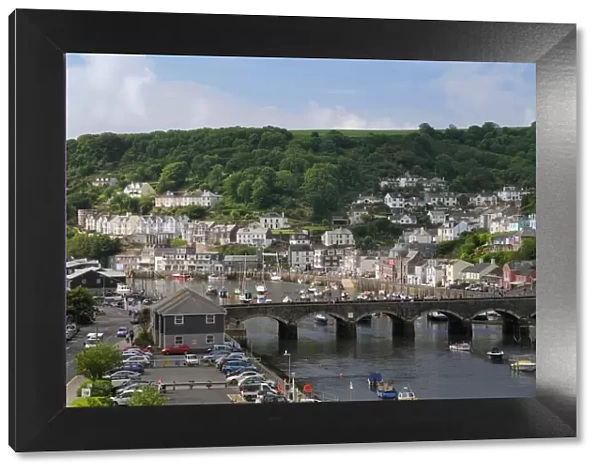 Overview of Looe harbour and bridge linking East and West Looe, Cornwall, England, United Kingdom, Europe