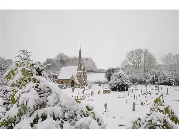 Box cemetery chapel after heavy snow, Box, Wiltshire, England, United Kingdom, Europe