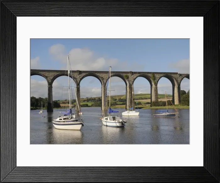 Framed Print : Sailing yachts moored in the River Lynher at high tide below St. Germans railway viaduct, Cornwall, England, United Kingdom, Europe Framed Print : Sailing yachts moored in the River Lynher at high tide below St. Germans railway viaduct, Cornwall, England, United Kingdom, Europe