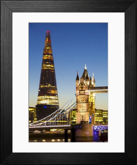 Framed Print : The Shard building and Tower Bridge at Night, London, United Kingdom. The Shard is the tallest building in Europe (2012) Framed Print : The Shard building and Tower Bridge at Night, London, United Kingdom. The Shard is the tallest building in Europe (2012)