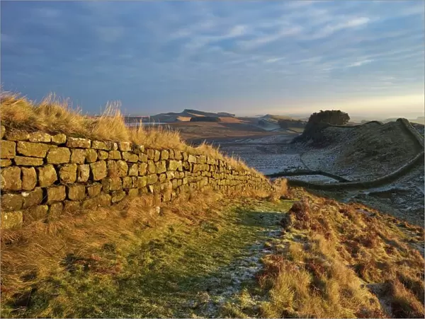 Sunrise and Hadrians Wall National Trail in winter, looking to Housesteads Fort, Hadrians Wall, UNESCO World Heritage Site, Northumberland, England, United Kingdom, Europe